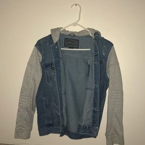 A kids jean jacket with hoodie